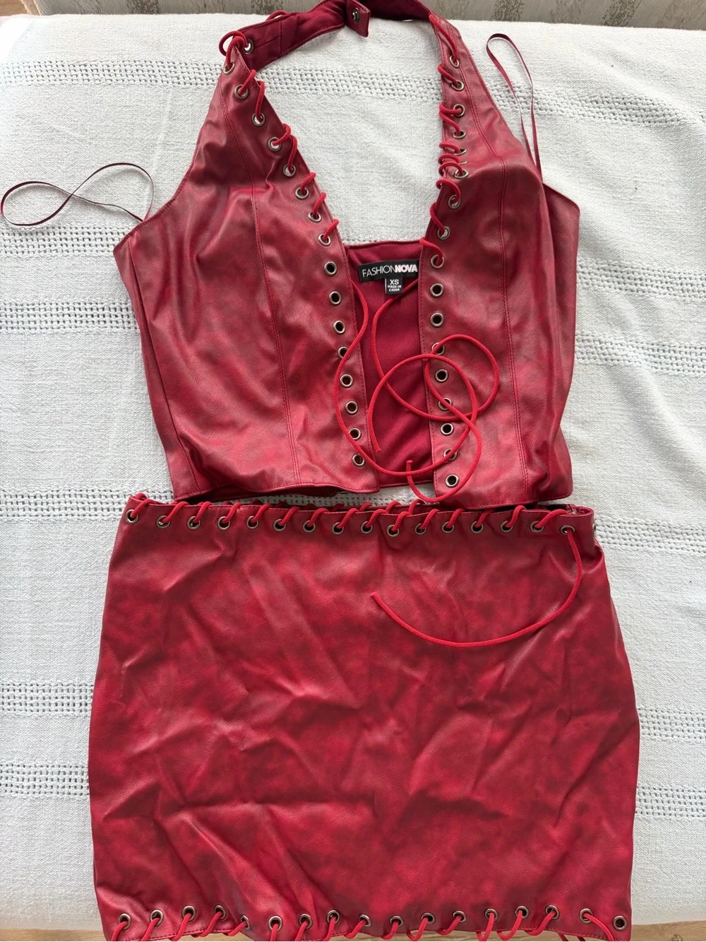 Fashion Nova Red Lace-Up Faux Leather Two-Piece Set - Halter Top & Mini Skirt
